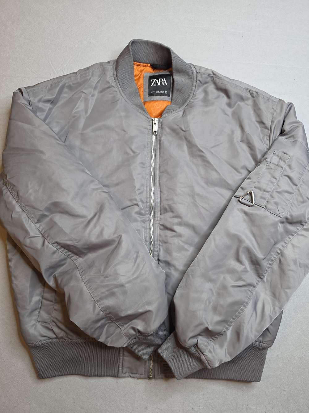 Zara Gray Satin Bomber Jacket MA-1 Style Orange Lining Zip Pockets Men’s M